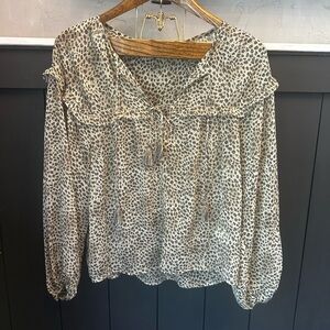 Lovestitch Leopard Print Blouse - Cream and Black Peasant Boho Tassels size‎ M
